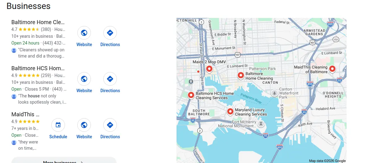 Google map results for house cleaning baltimore searched from Baltimore, Maryland