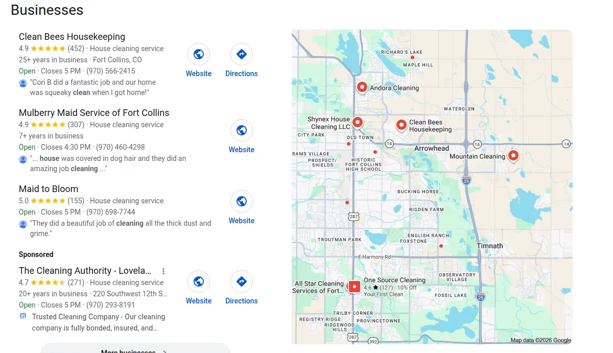 Google map results for house cleaning fort collins searched from Fort Collins, Colorado