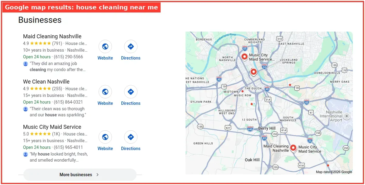 Google map results for house cleaning near me searched from Nashville, Tennessee