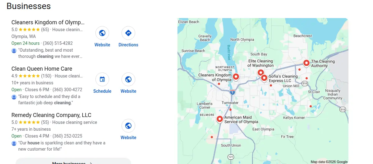 Google map results for house cleaning olympia wa searched from Olympia, Washington