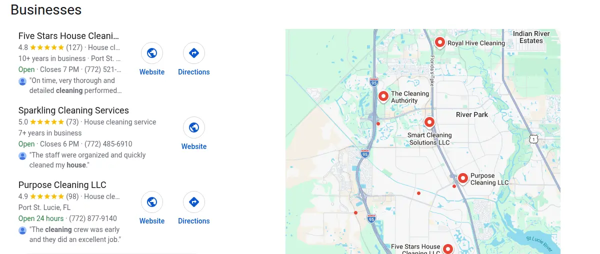 Google map results for house cleaning port st lucie searched from Port St. Lucie, Florida