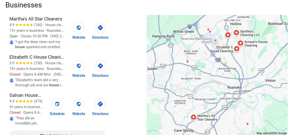 Google map results for house cleaning roanoke va searched from Roanoke, Virginia