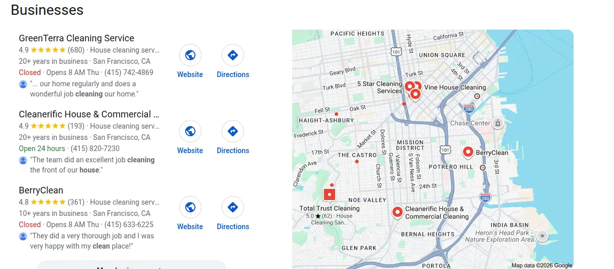 Google map results for house cleaning san francisco searched from San Francisco, California