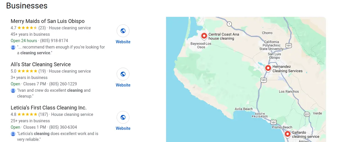 Google map results for house cleaning san luis obispo ca searched from San Luis Obispo, California