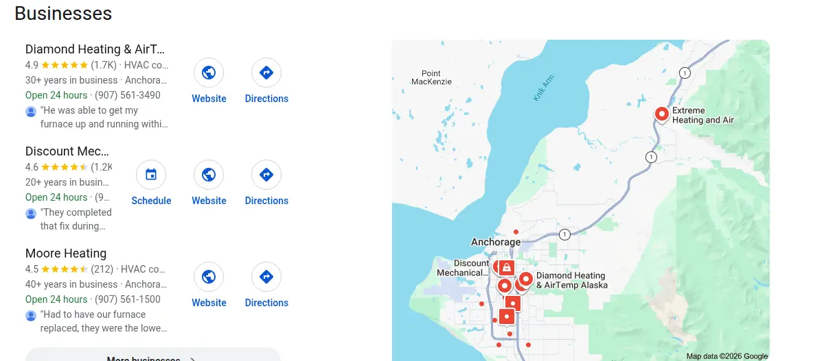 Google map results for hvac anchorage searched from Anchorage, Alaska
