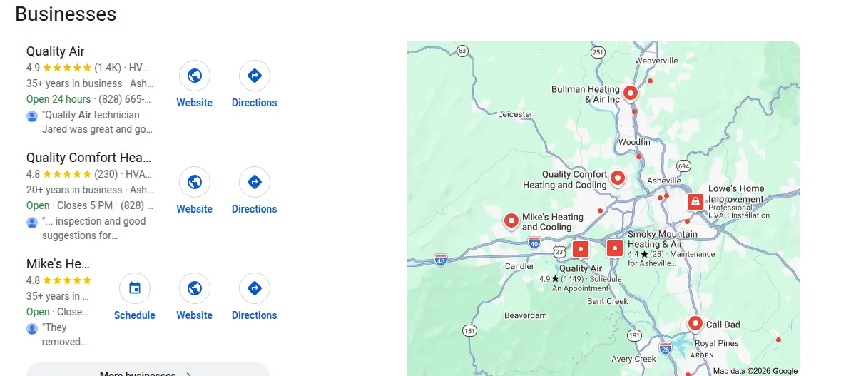 Google map results for hvac asheville searched from Asheville, North Carolina