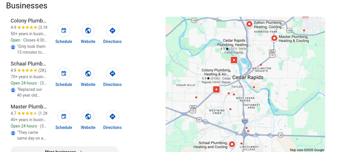 Google map results for hvac cedar rapids searched from Cedar Rapids, Iowa