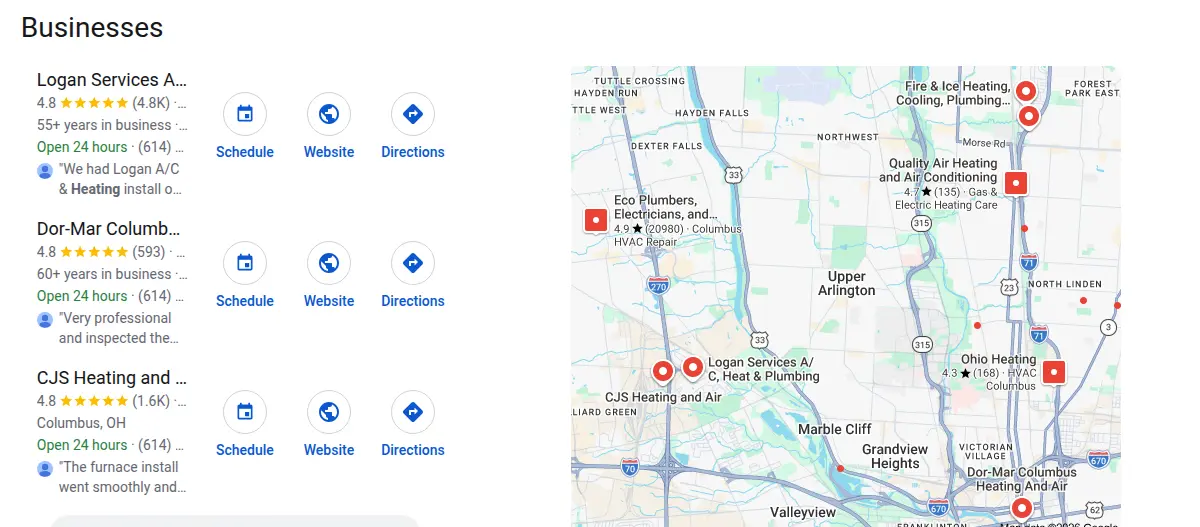 Google map results for hvac columbus ohio searched from Columbus, Ohio
