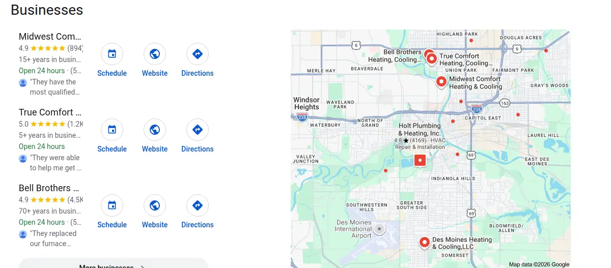 Google map results for hvac des moines searched from Des Moines, Iowa