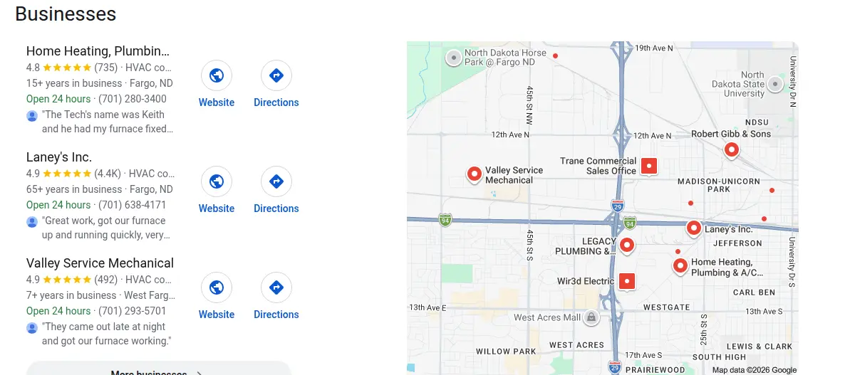 Google map results for hvac fargo searched from Fargo, North Dakota