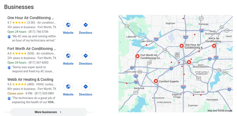 Google map results for hvac fort worth searched from Fort Worth, Texas