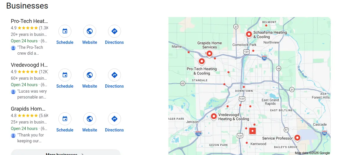 Google map results for hvac grand rapids searched from Grand Rapids, Michigan