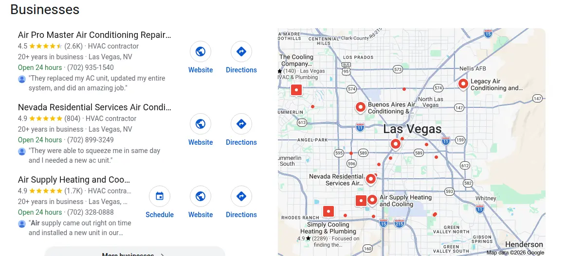 Google map results for hvac las vegas searched from Las Vegas, Nevada