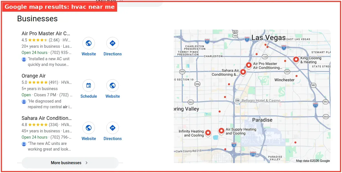 Google map results for hvac near me searched from Las Vegas, Nevada