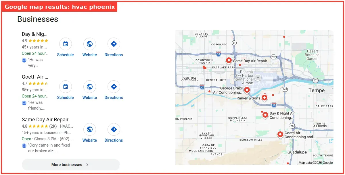 Google map results for hvac phoenix searched from Phoenix, Arizona