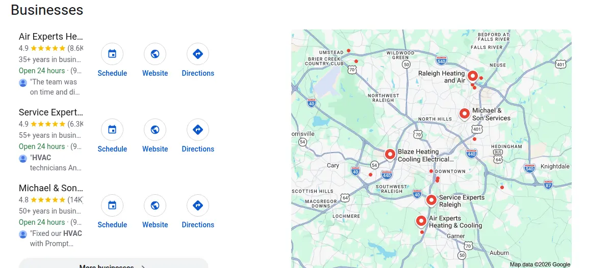 Google map results for hvac raleigh nc searched from Raleigh, North Carolina