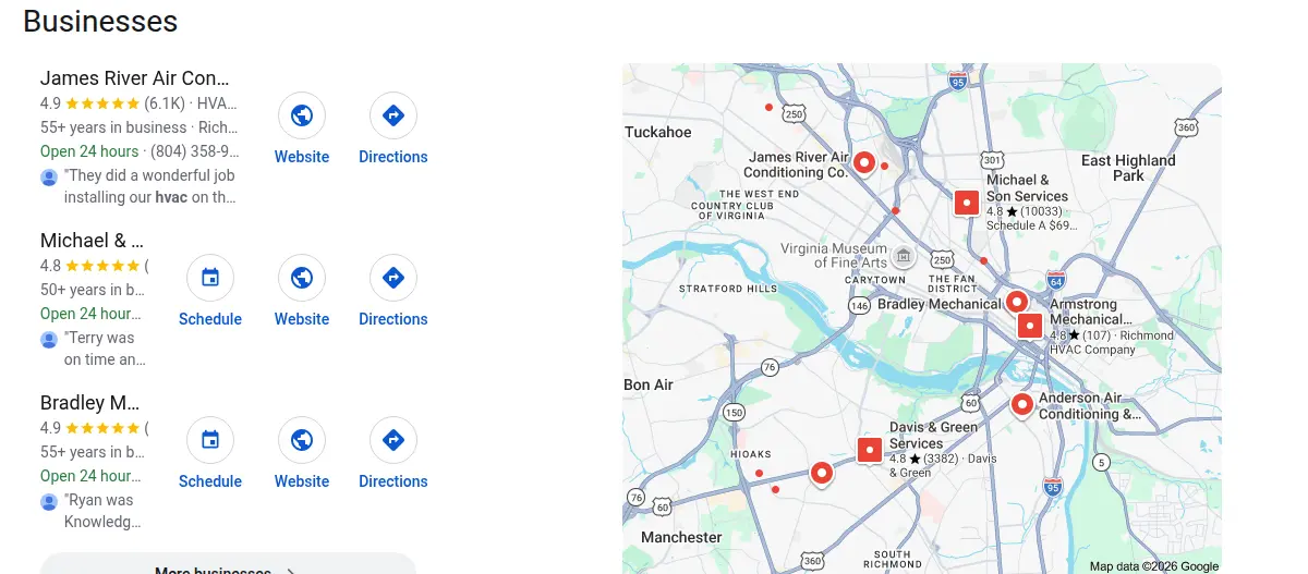 Google map results for hvac richmond searched from Richmond, Virginia