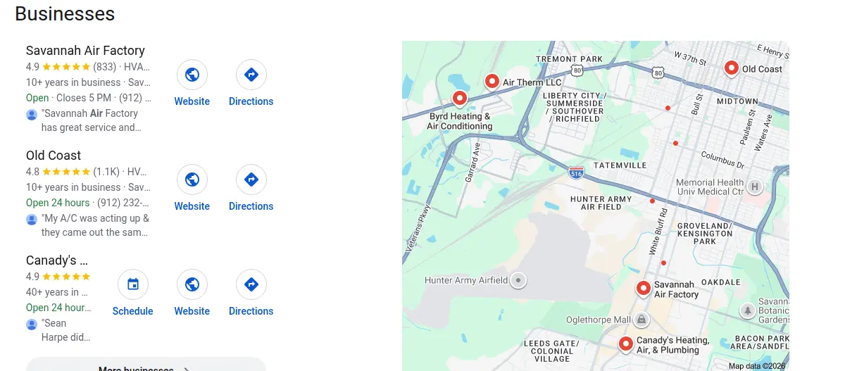 Google map results for hvac savannah searched from Savannah, Georgia