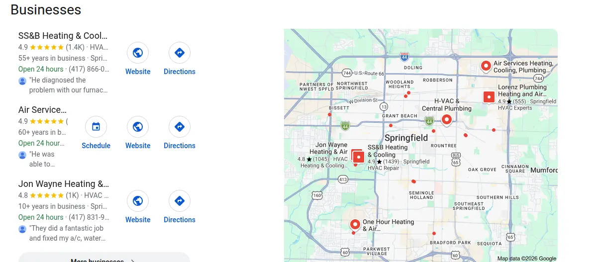Google map results for hvac springfield searched from Springfield, Missouri