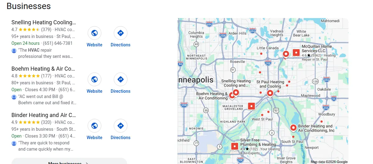 Google map results for hvac st paul searched from Saint Paul, Minnesota