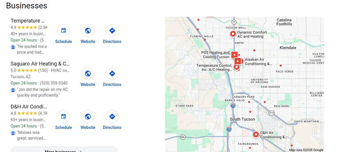 Google map results for hvac tucson searched from Tucson, Arizona