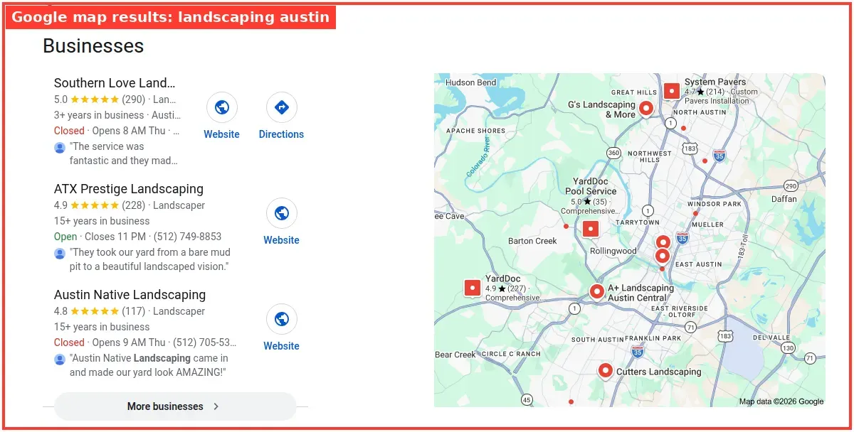 Google map results for landscaping austin searched from Austin, Texas