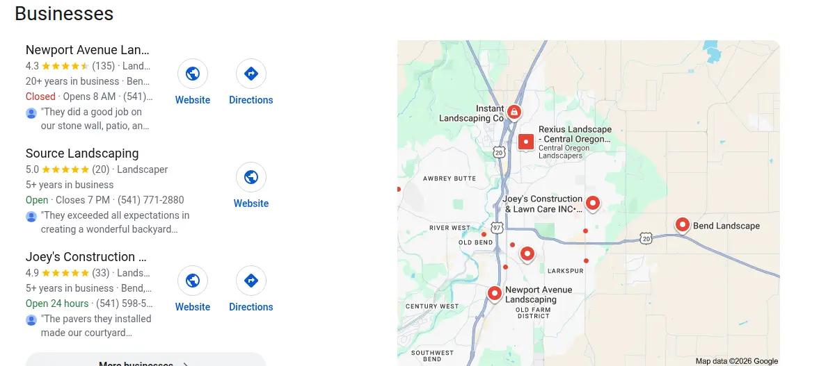 Google map results for landscaping bend searched from Bend, Oregon