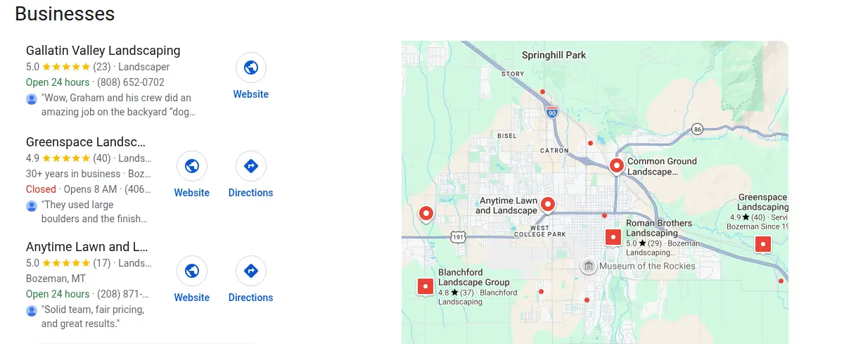 Google map results for landscaping bozeman searched from Bozeman, Montana