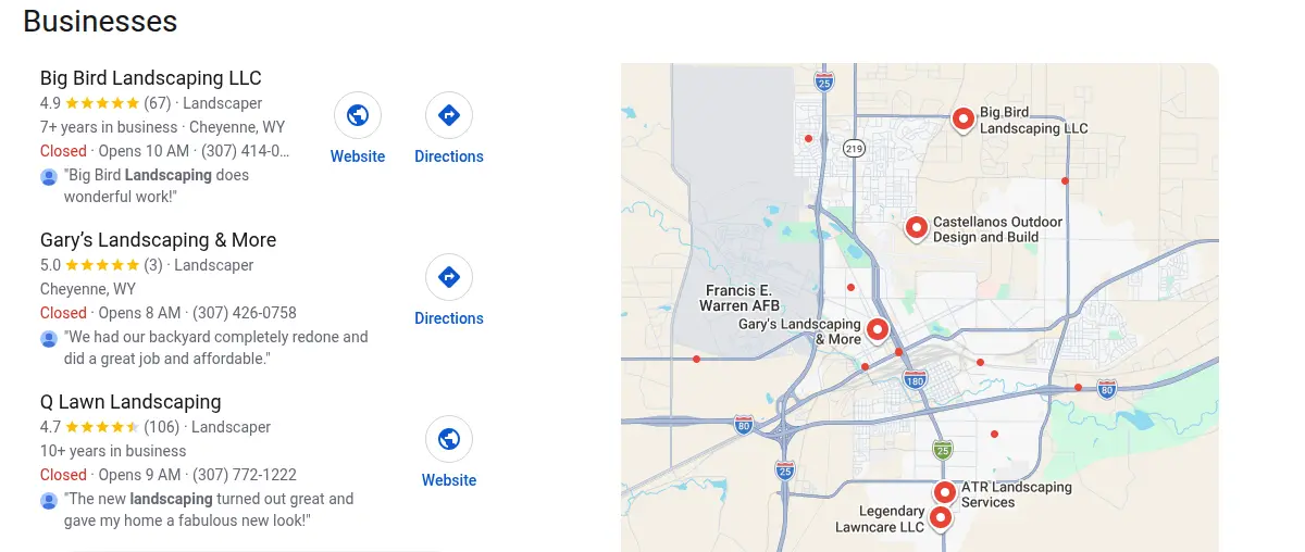 Google map results for landscaping cheyenne searched from Cheyenne, Wyoming