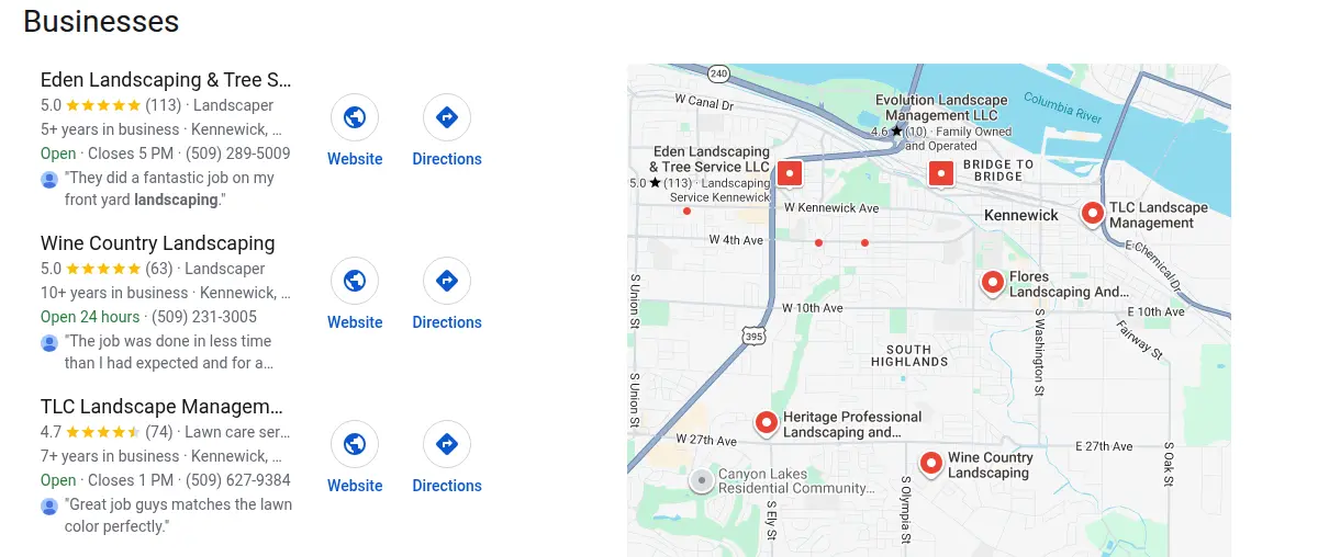 Google map results for landscaping kennewick searched from Kennewick, Washington