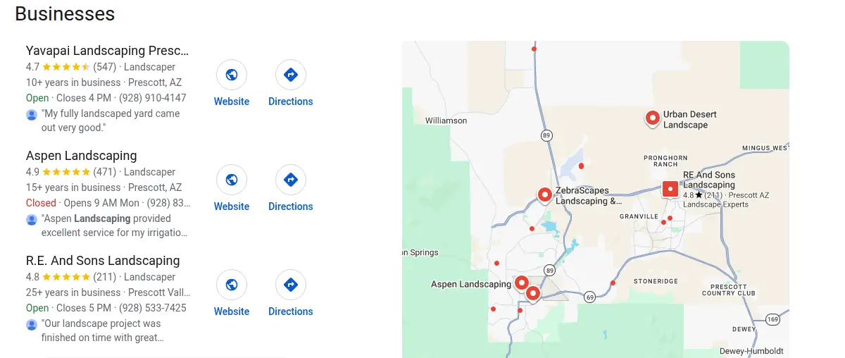 Google map results for landscaping prescott az searched from Prescott, Arizona
