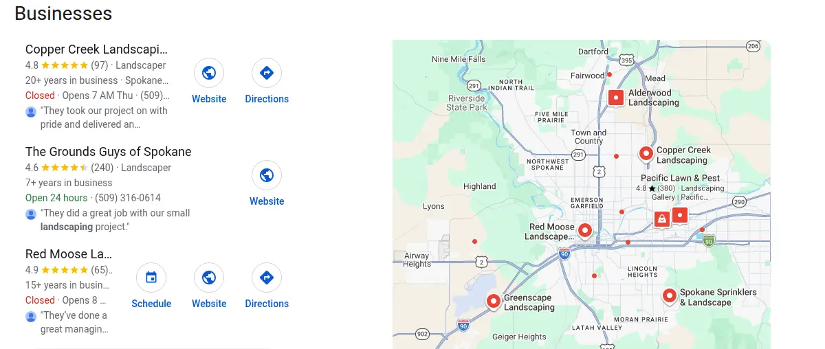Google map results for landscaping spokane searched from Spokane, Washington