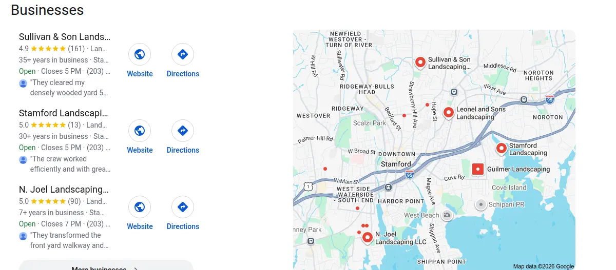 Google map results for landscaping stamford searched from Stamford, Connecticut