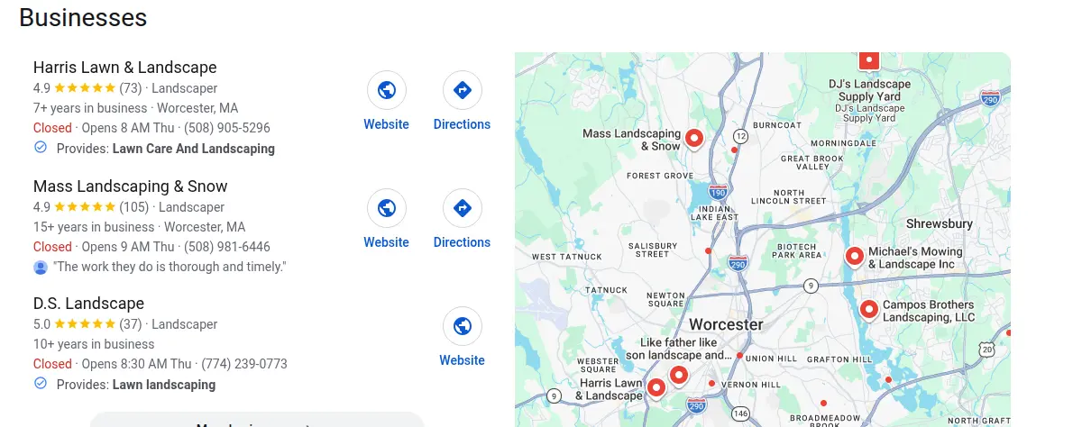 Google map results for landscaping worcester searched from Worcester, Massachusetts