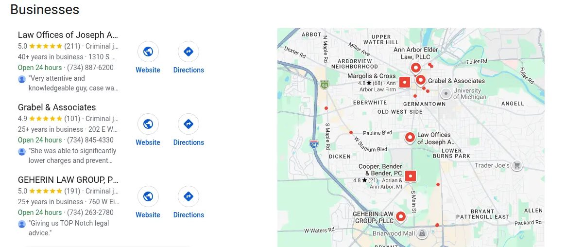 Google map results for lawyer ann arbor searched from Ann Arbor, Michigan