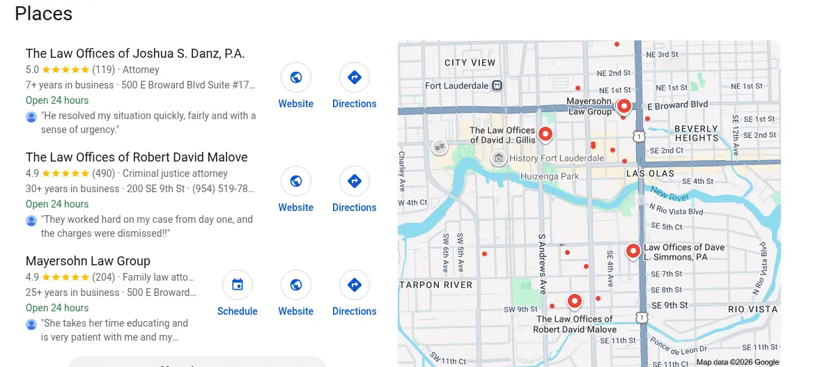 Google map results for lawyer fort lauderdale fl searched from Fort Lauderdale, Florida