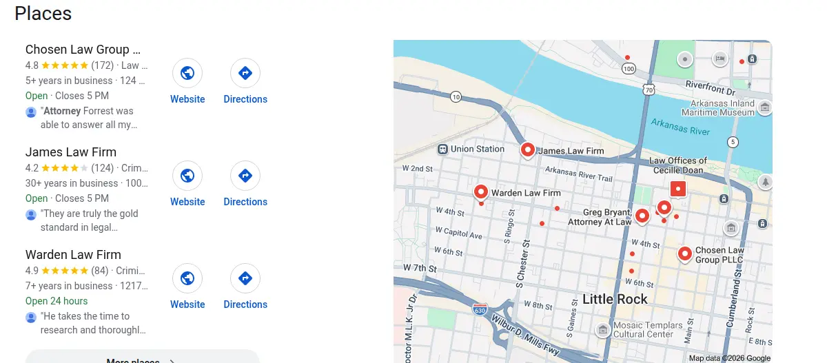 Google map results for lawyer little rock searched from Little Rock, Arkansas