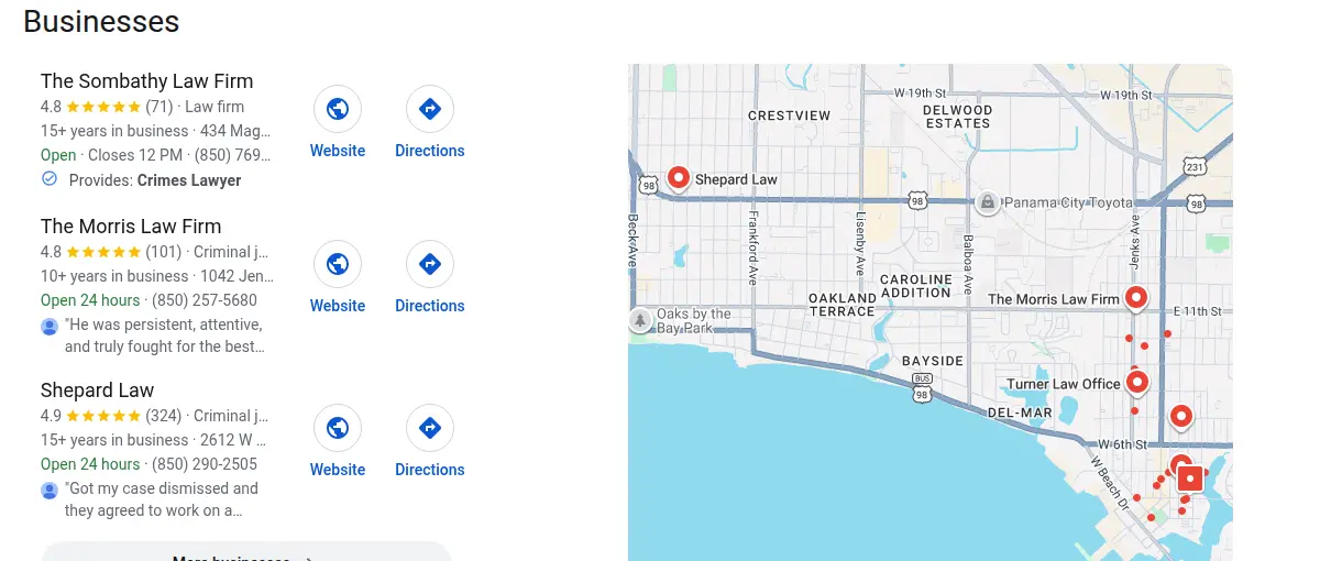Google map results for lawyer panama city fl searched from Panama City, Florida