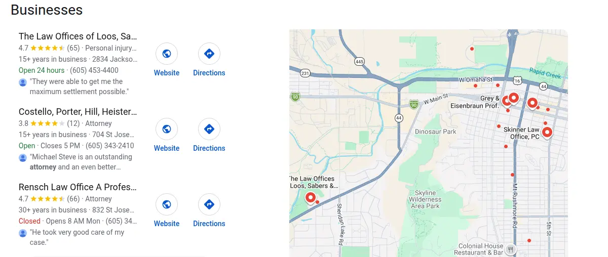 Google map results for lawyer rapid city sd searched from Rapid City, South Dakota