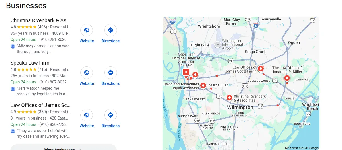 Google map results for lawyer wilmington nc searched from Wilmington, North Carolina