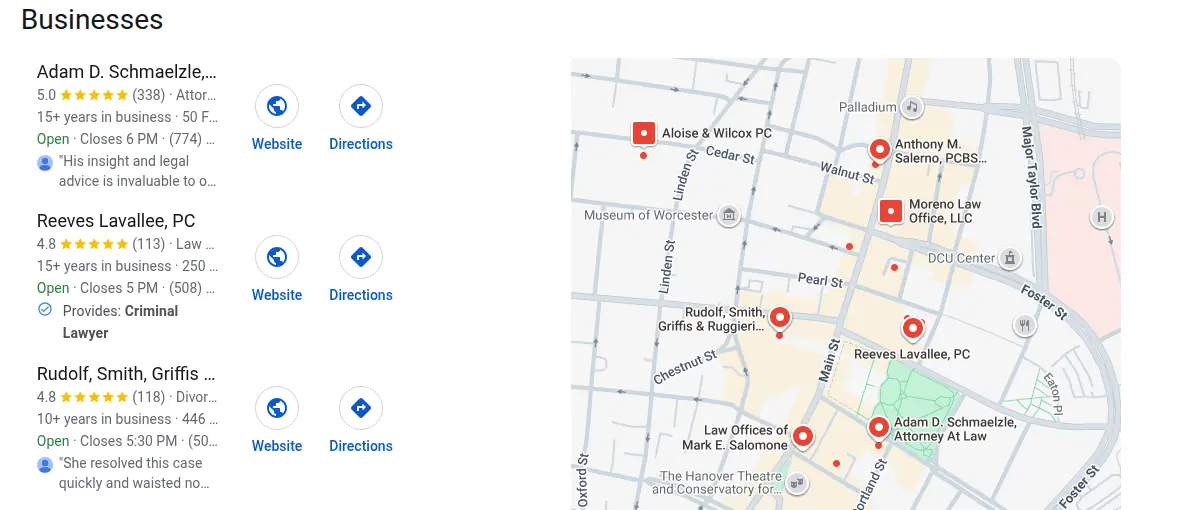 Google map results for lawyer worcester ma searched from Worcester, Massachusetts