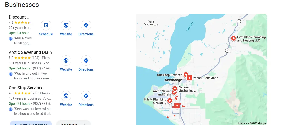 Google map results for plumber anchorage searched from Anchorage, Alaska