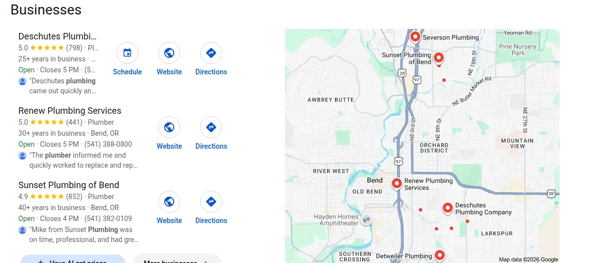 Google map results for plumber bend oregon searched from Bend, Oregon