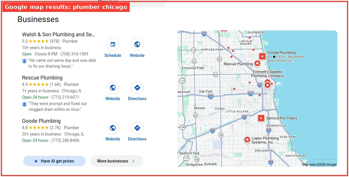 Google map results for plumber chicago searched from Chicago, Illinois