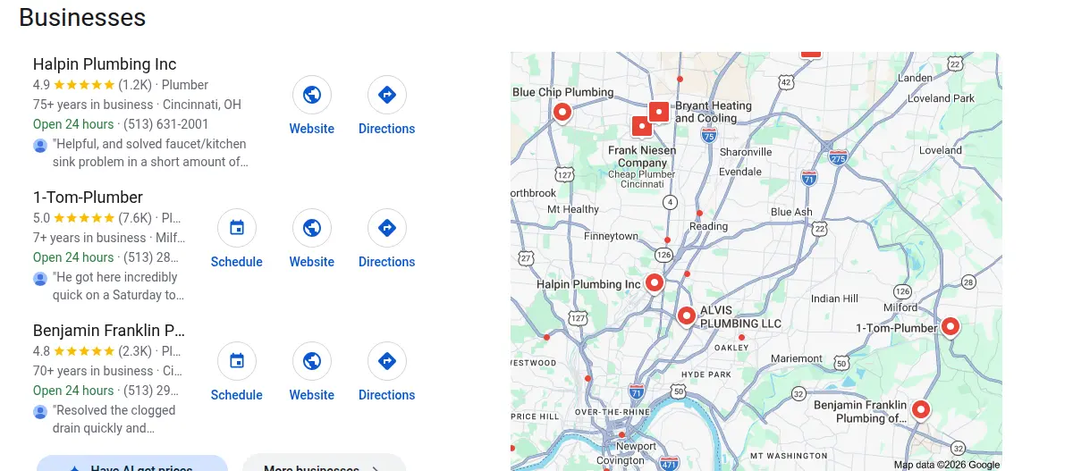 Google map results for plumber cincinnati searched from Cincinnati, Ohio