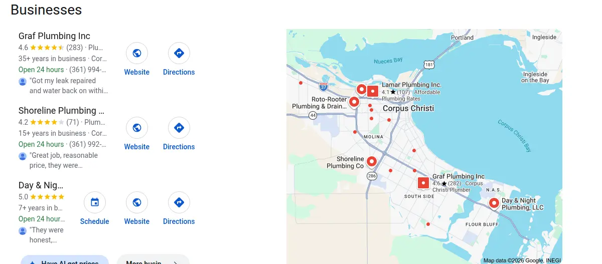 Google map results for plumber corpus christi tx searched from Corpus Christi, Texas