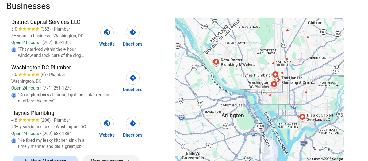 Google map results for plumber dc searched from Washington, District of Columbia