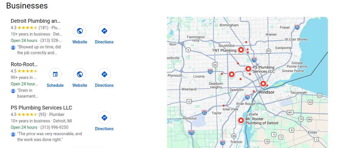 Google map results for plumber detroit searched from Detroit, Michigan