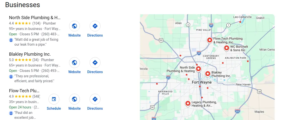 Google map results for plumber fort wayne searched from Fort Wayne, Indiana