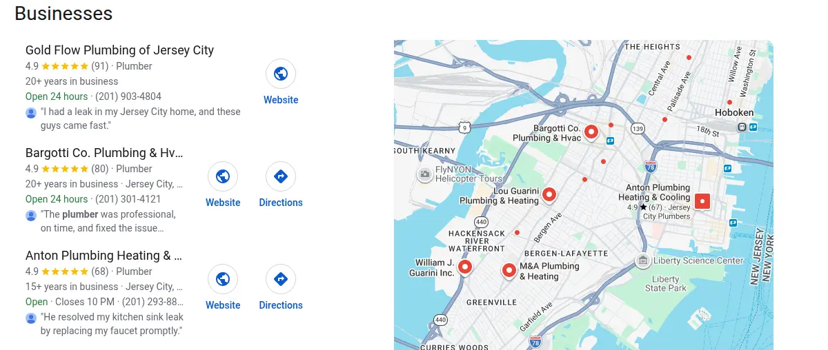 Google map results for plumber jersey city searched from Jersey City, New Jersey